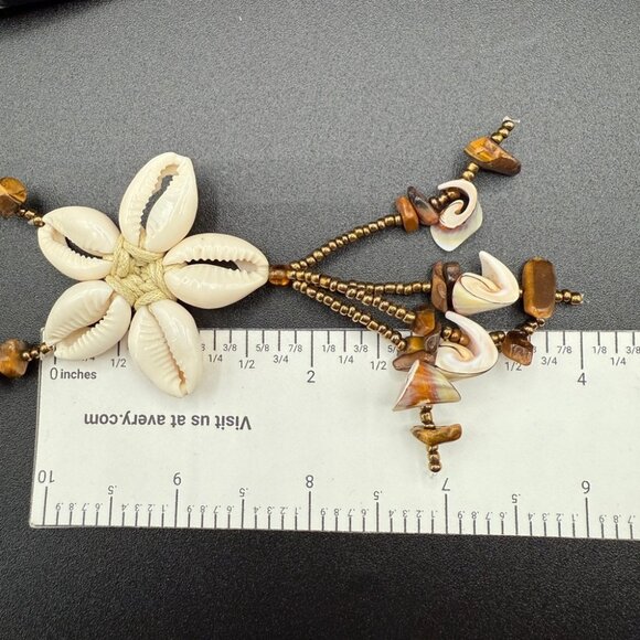 Mid Century Hawaiian Cowrie Shell Beaded Necklace with Floral Shell Design - Picture 12 of 16